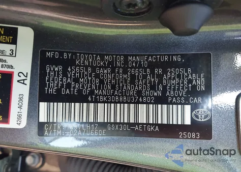 2011 Toyota Avalon из США, поврежденный, VIN 4T1BK3DB8BU374802